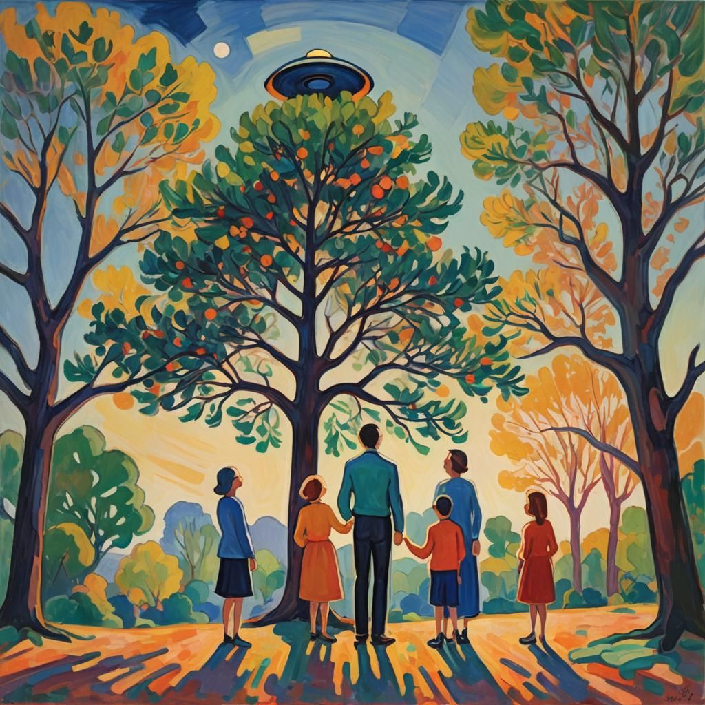 Fauvist Family Portrait with UFO in Distance
