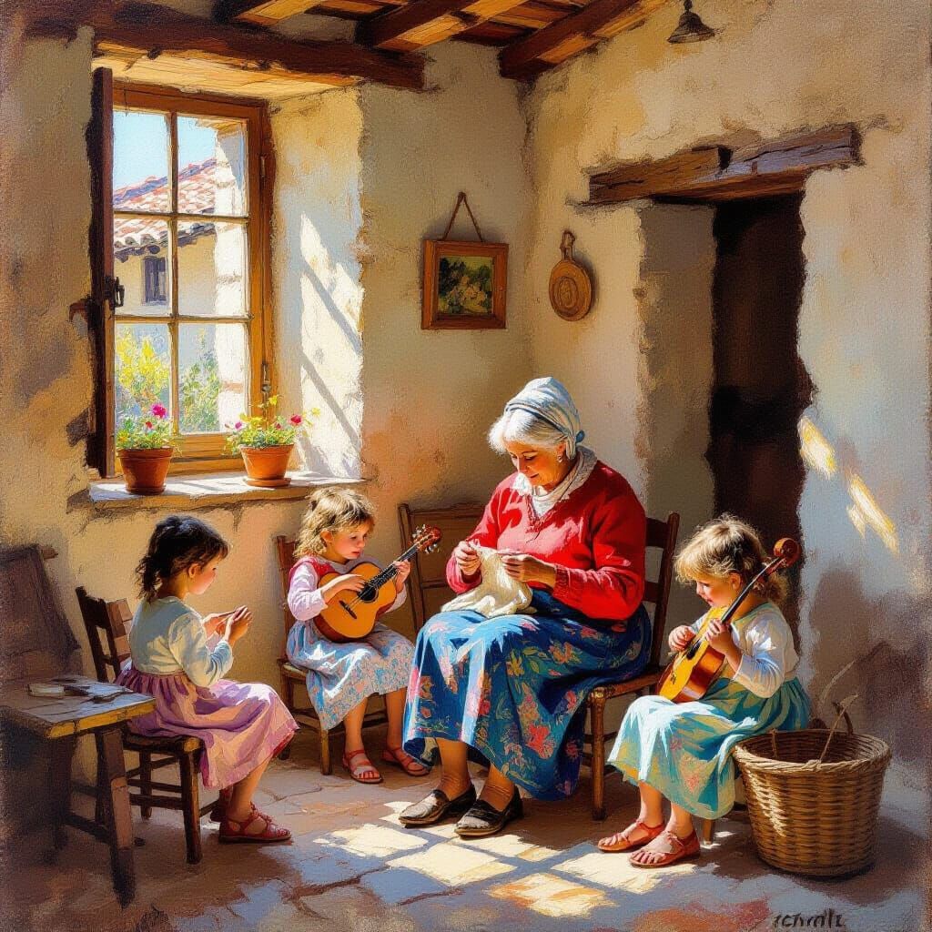 Impressionist Painting of Sicilian Woman and Children