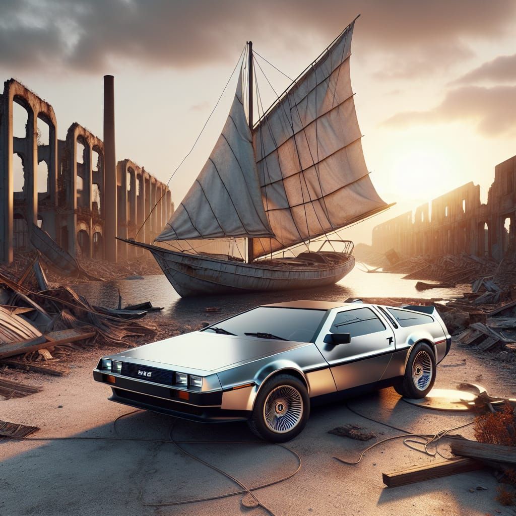 Sleek Silver DeLorean Sails Through a Post-Apocalyptic Waste...