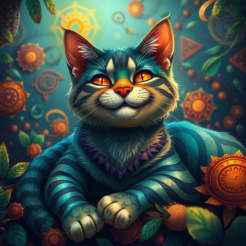 Smiling Cat in Fantasy Realm, Hyper-Detailed Digital Art