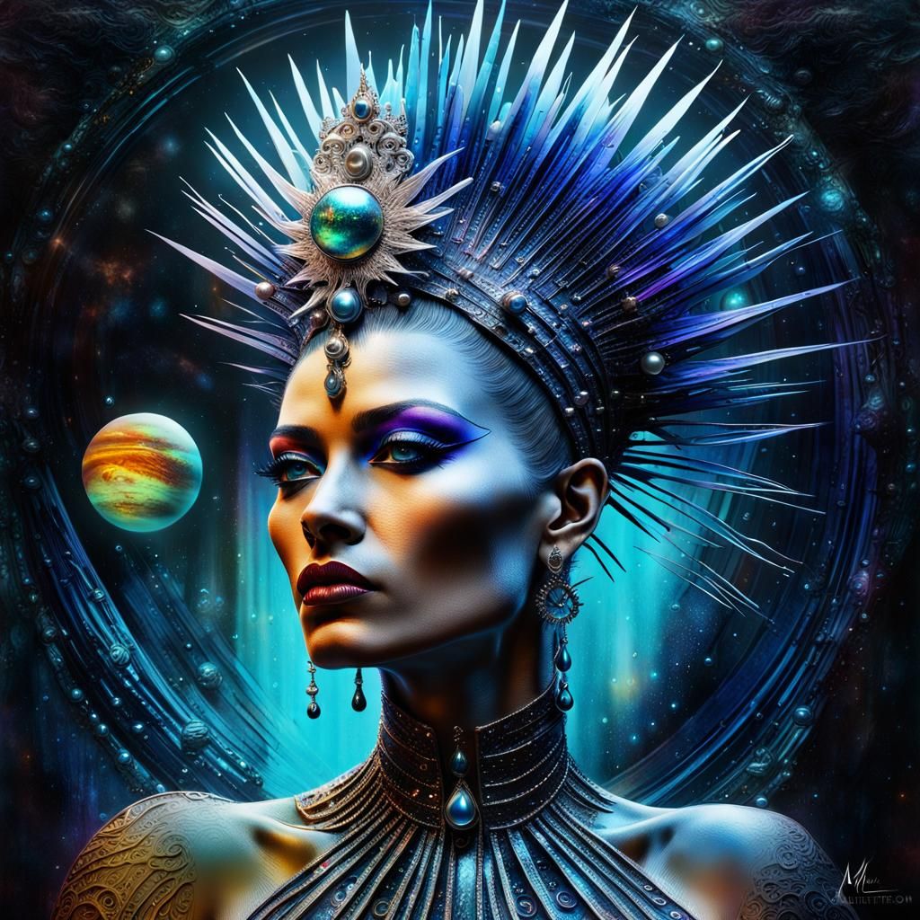 Neon-Eyed Queen Portrait in Art Nouveau Style