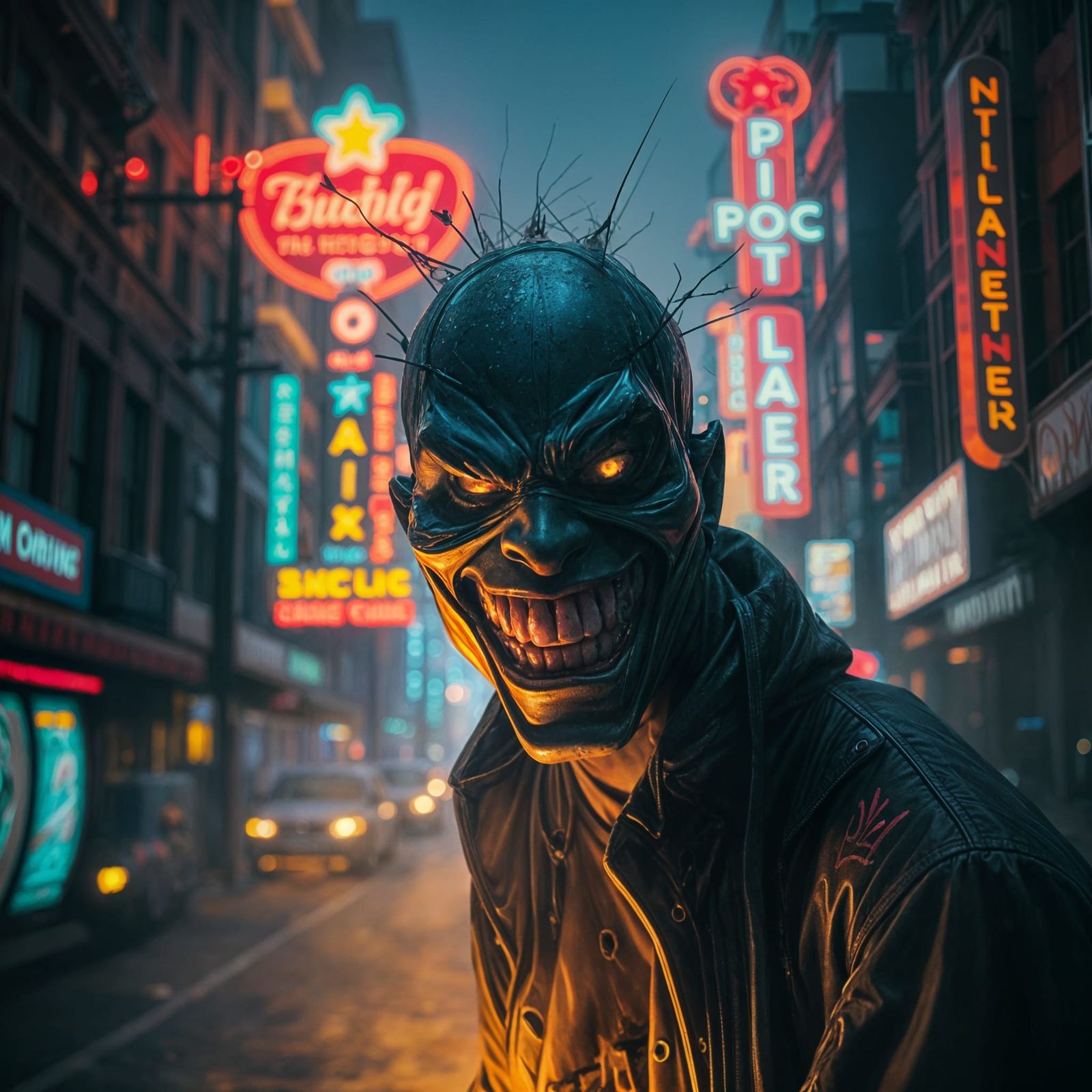Surreal Cityscape in Neon Hues with a Mysterious Figure
