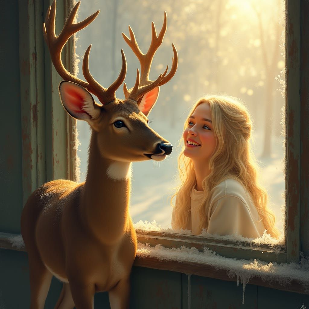 Majestic Doe Watches Blonde Woman with Gentle Curiosity