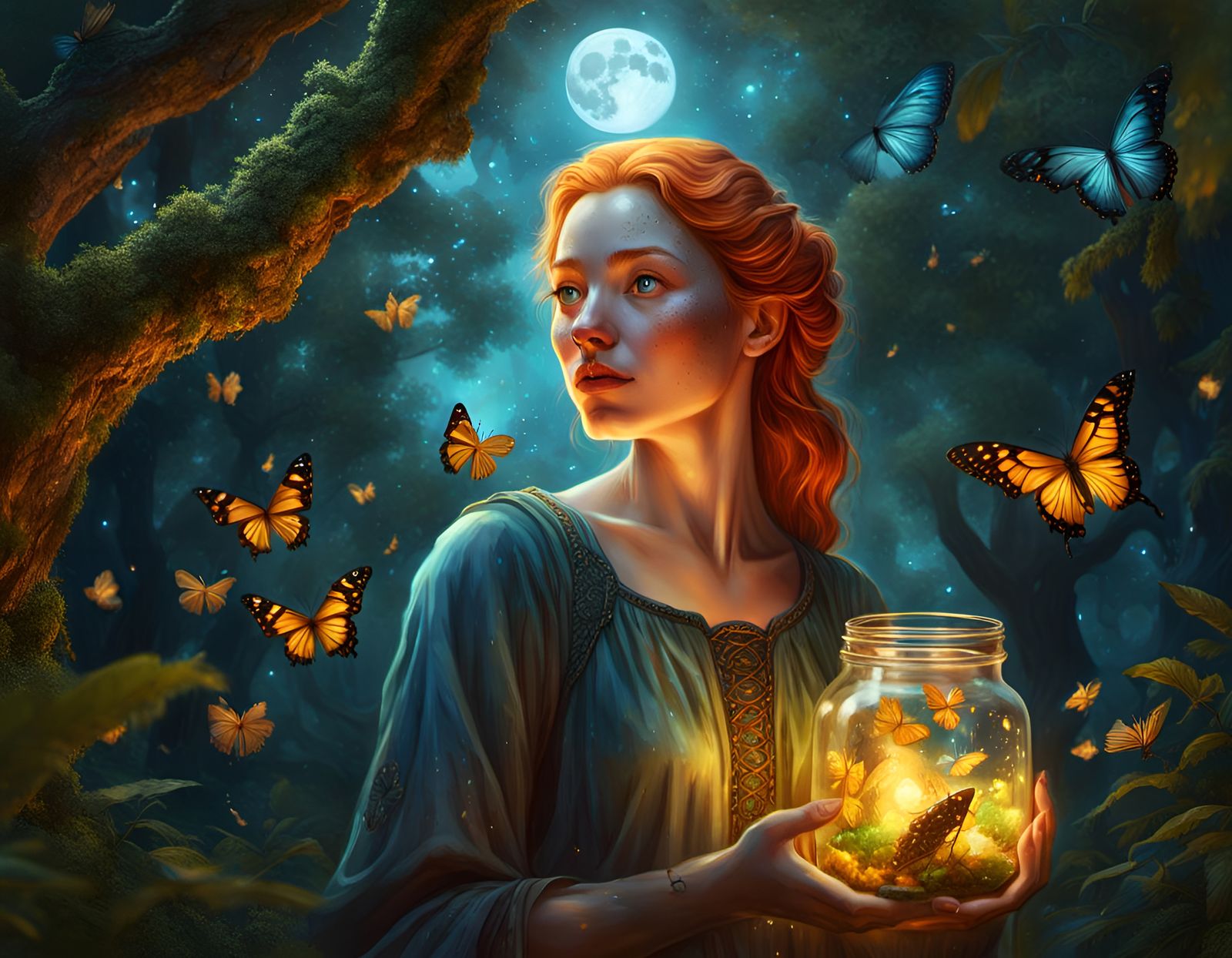 Girl with Moon Jar in Enchanted Forest