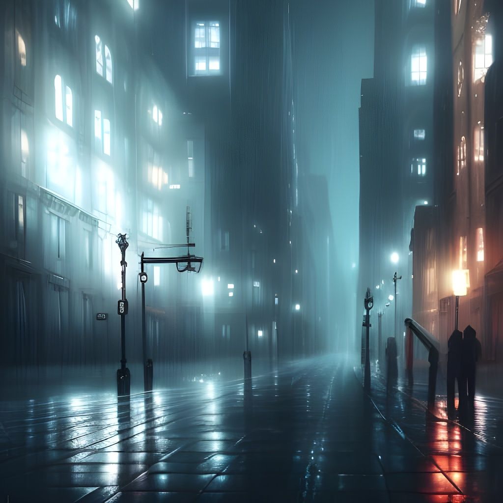 Atmospheric City Street in Rain and Fog