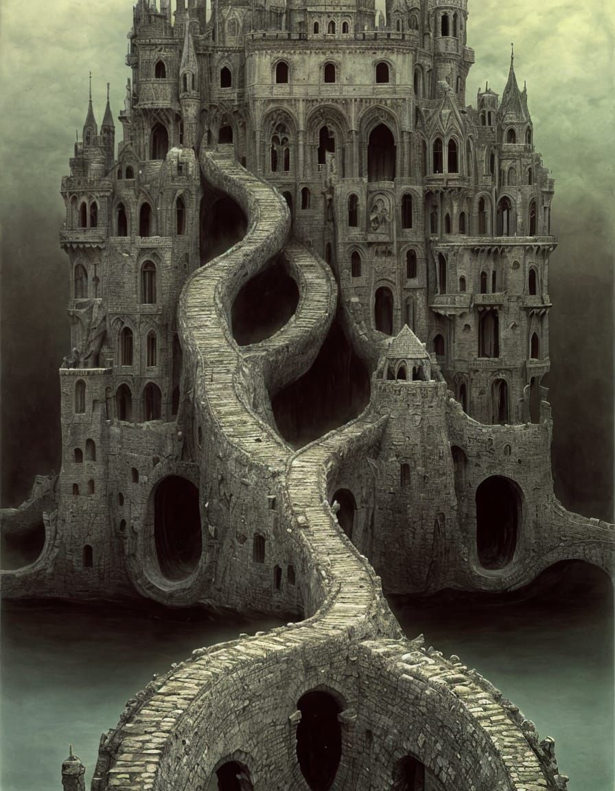 Surreal Castle with Drawbridges, in Dark Style