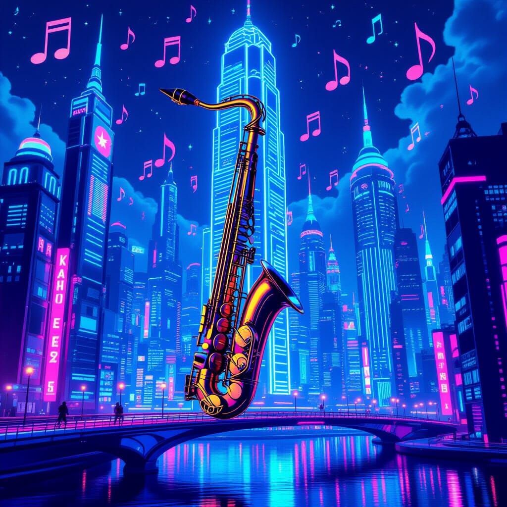 Futuristic Cityscape of Musical Instruments in Art Deco Styl...