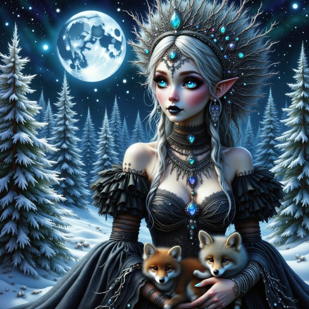 Frost Queen in Snowy Forest, Futuristic Style