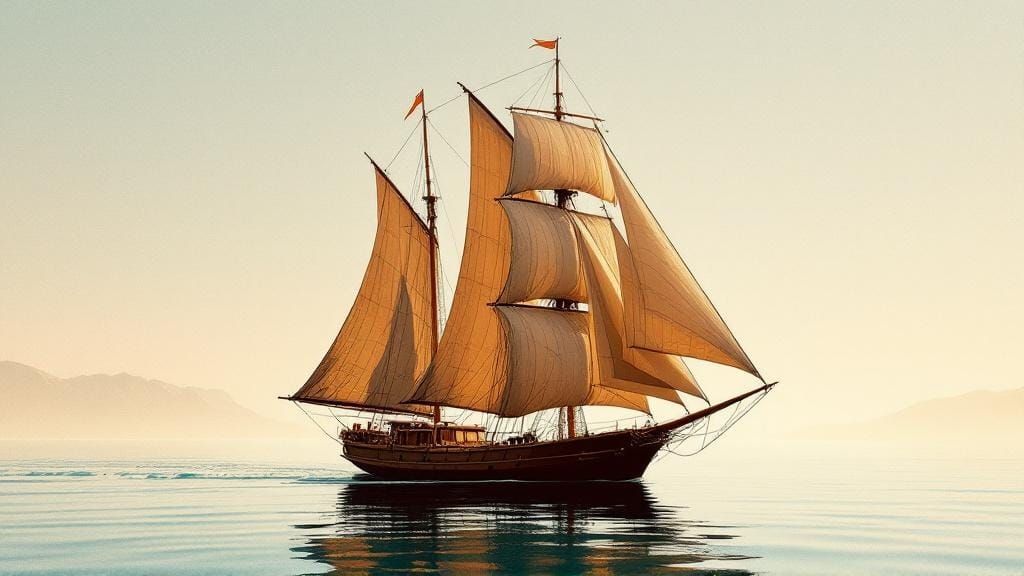 Sailing Ship in Risograph Style Coastal Scene