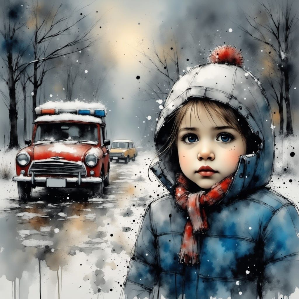 Intensively Detailed Street Art Scene in a Blizzard