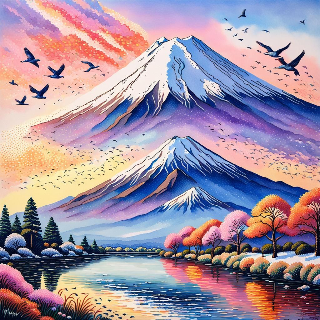 Mount Fuji in Pointillist Impressionist Style