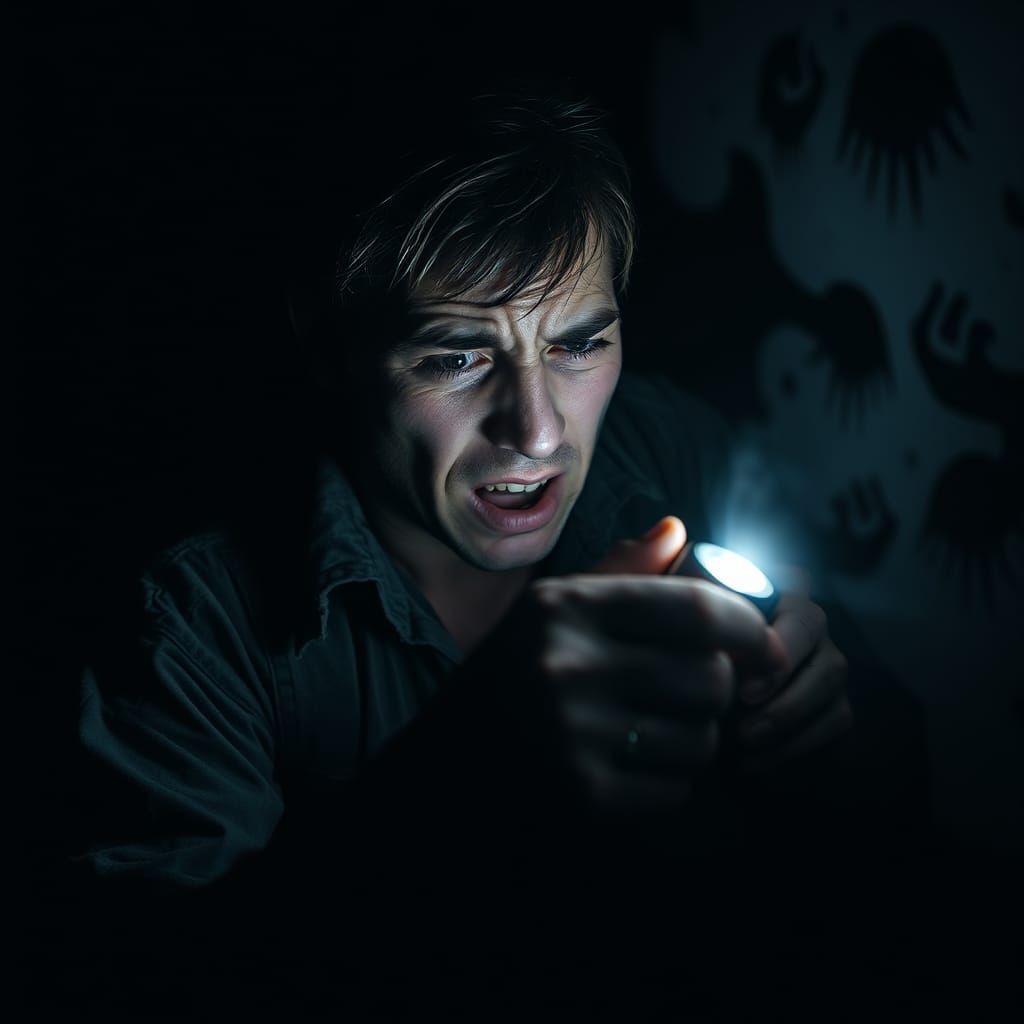 Terrified Man in Darkness with Flashlight