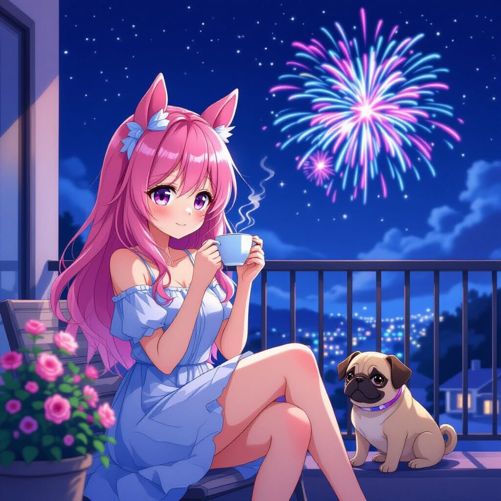 Anime Girl with Horse Ears Watching Fireworks