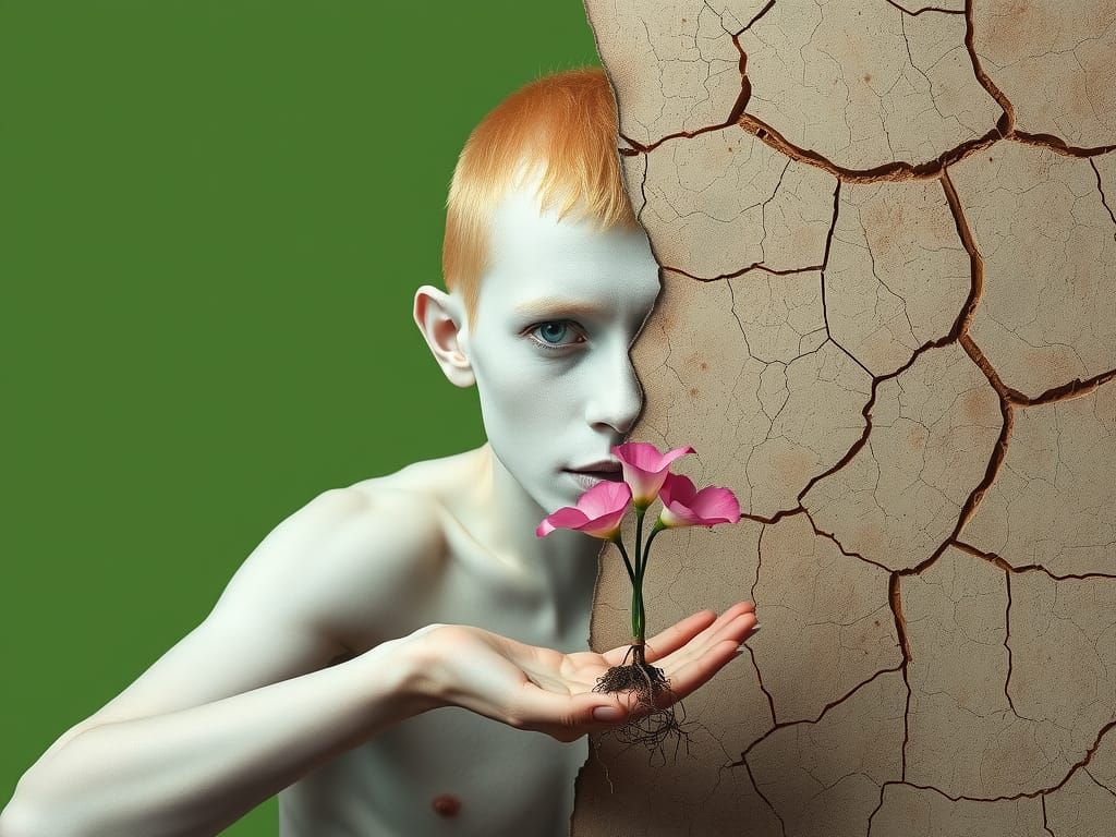 Surreal Albino Portrait with Gold Head and Flowers