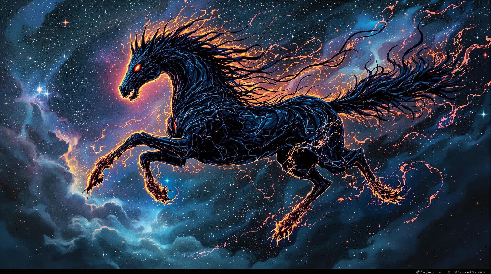 Majestic, Twisted Horse Soars Through Cosmic Sky