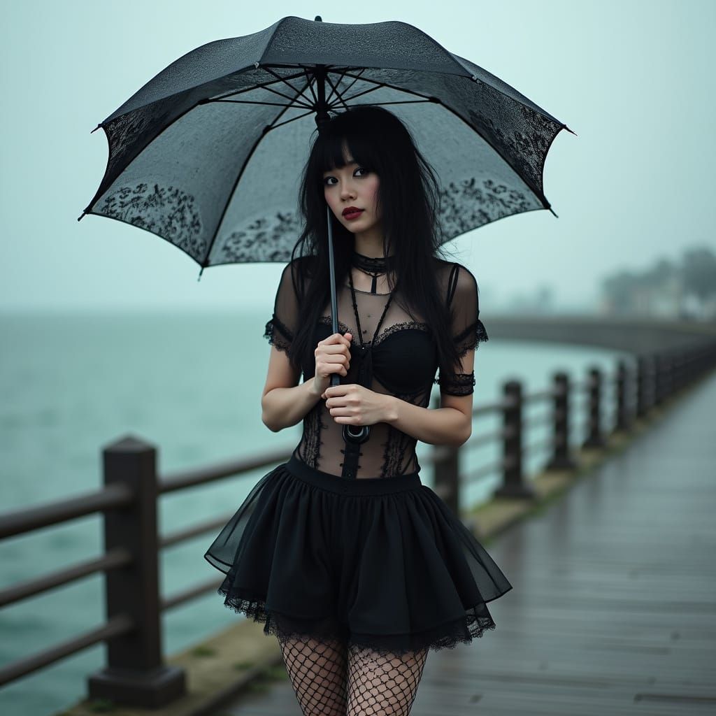 Goth Beauty on Boardwalk in Hyperrealistic Style