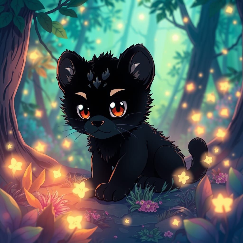 Mystical Forest Whimsy in Flat Manga Style