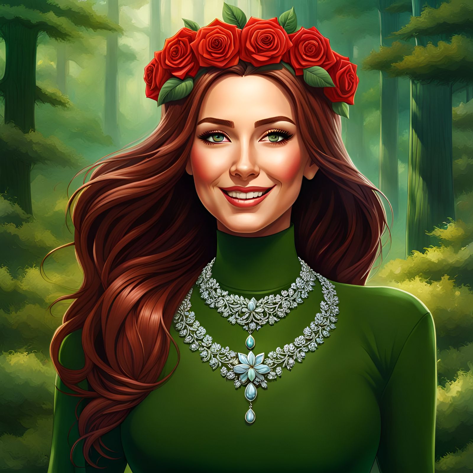 Brunette with Rose Wreath in Summer Forest