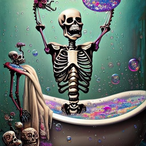 Skeleton's Eccentric Bubble Bath in Hyperrealism Style