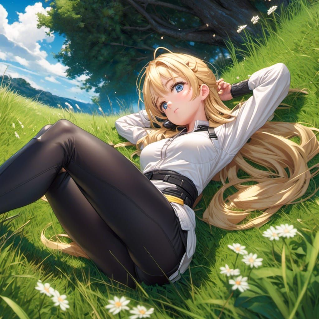 Blonde Woman Stargazing: Anime Style Digital Art