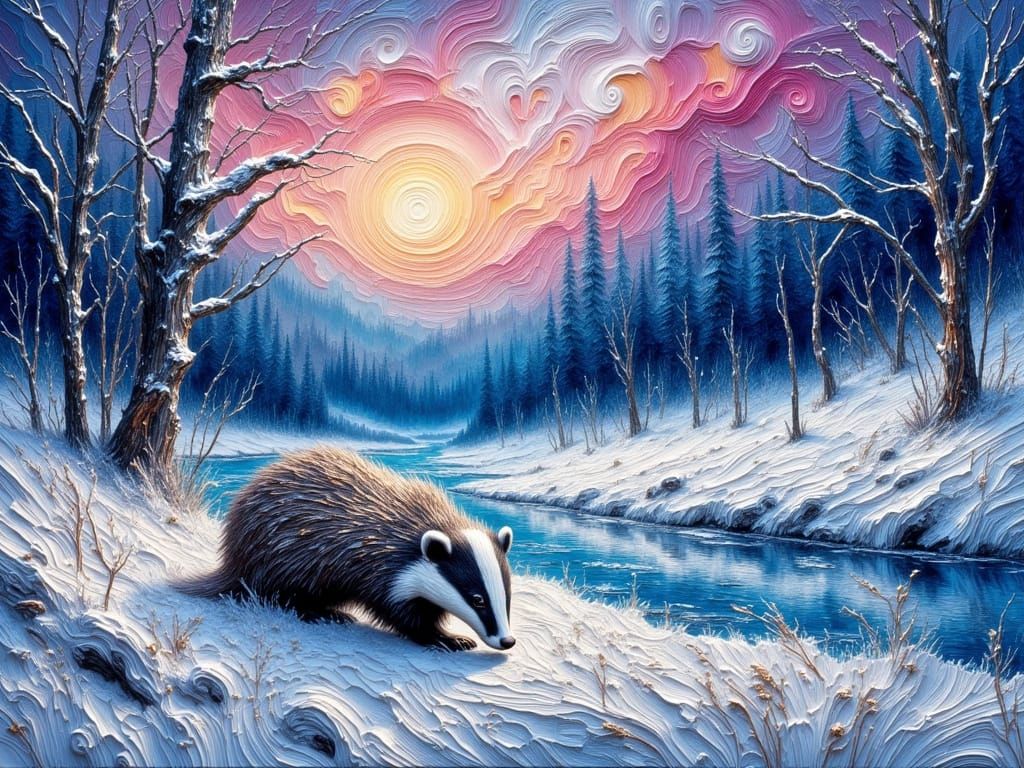 Impasto Badger in Snowy Forest Twilight