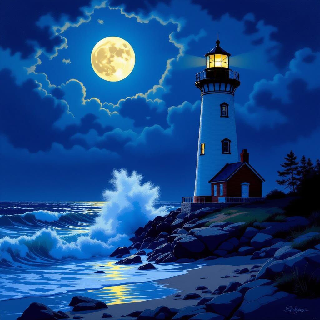 Dramatic Lighthouse Scene at Night in Landscape Art Style