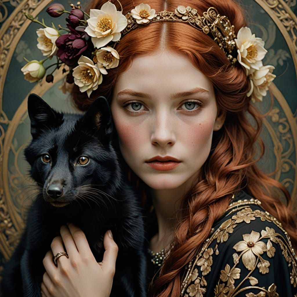 Ethereal Art Nouveau Goddess Enfolds a Majestic Black Fox