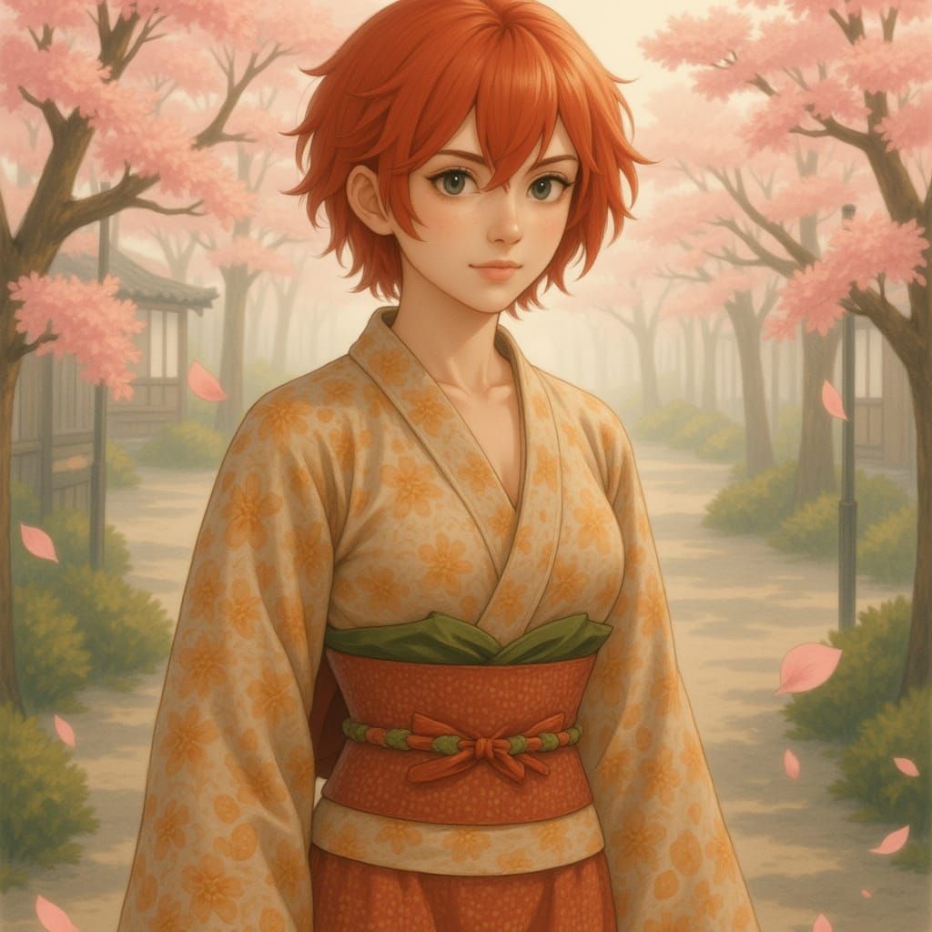 Woman in Elegant Kimono Amidst Sakura Blooms