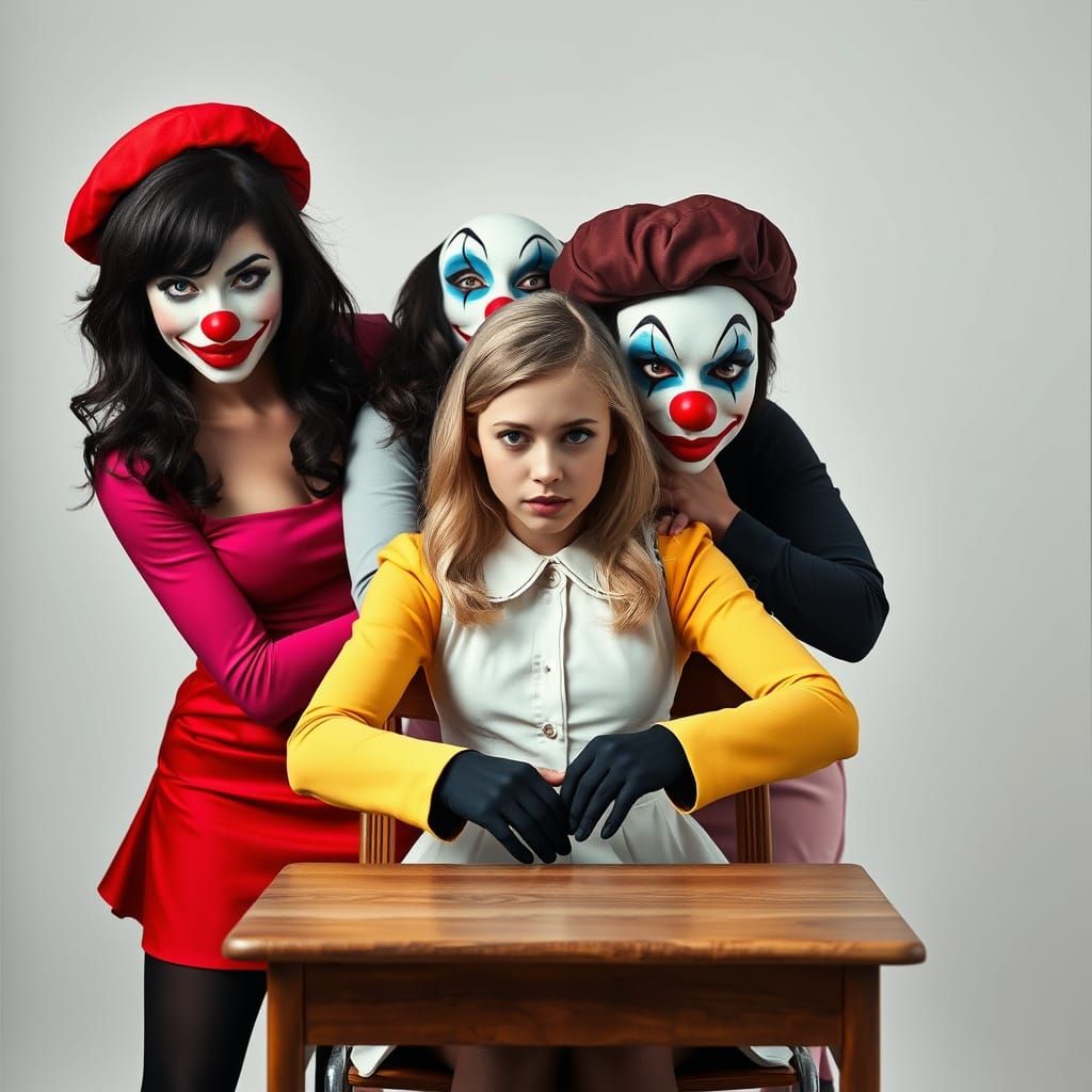 Mysterious Women in Clown Masks Loom Over a Youthful Scholar