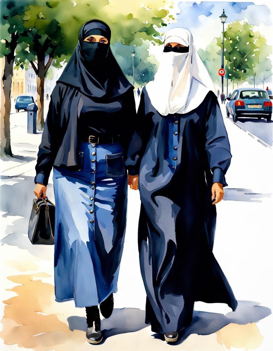 Niqabi Teachers Walking in Copenhagen as Watercolor
