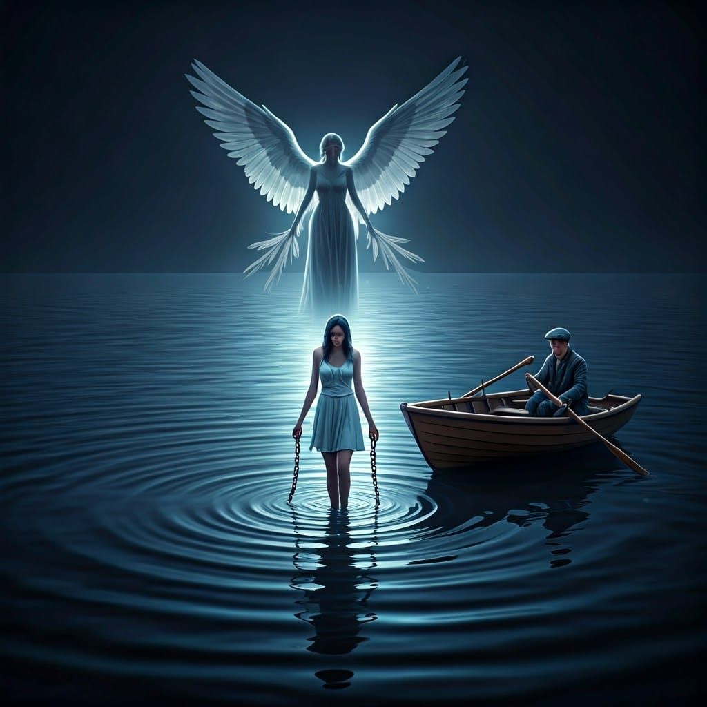 Mystical Night Scene with Woman, Angel, and Boat