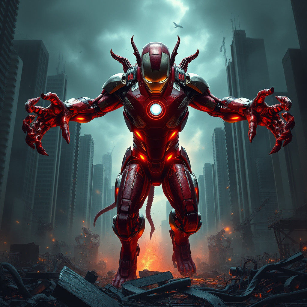 Ironman Monster in Dystopian Cityscape Concept Art