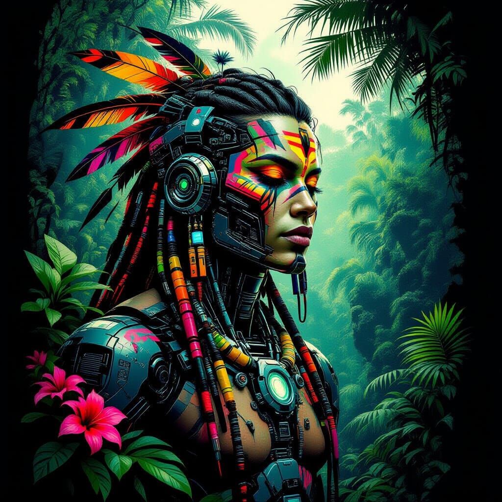 Cyborg Shaman in Lush Rainforest, Splash Art Style