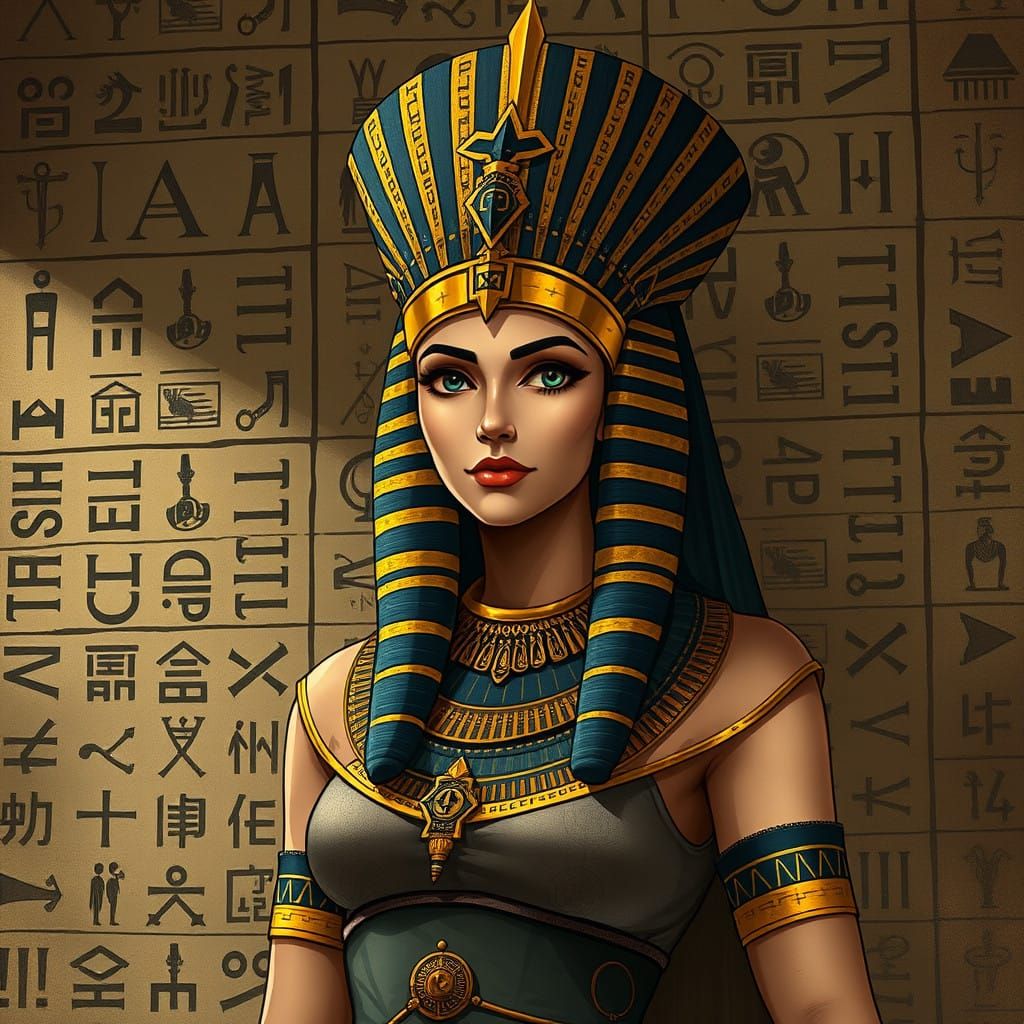 Egyptian Queen Goddess in Opulent Headdress and Regal Attire