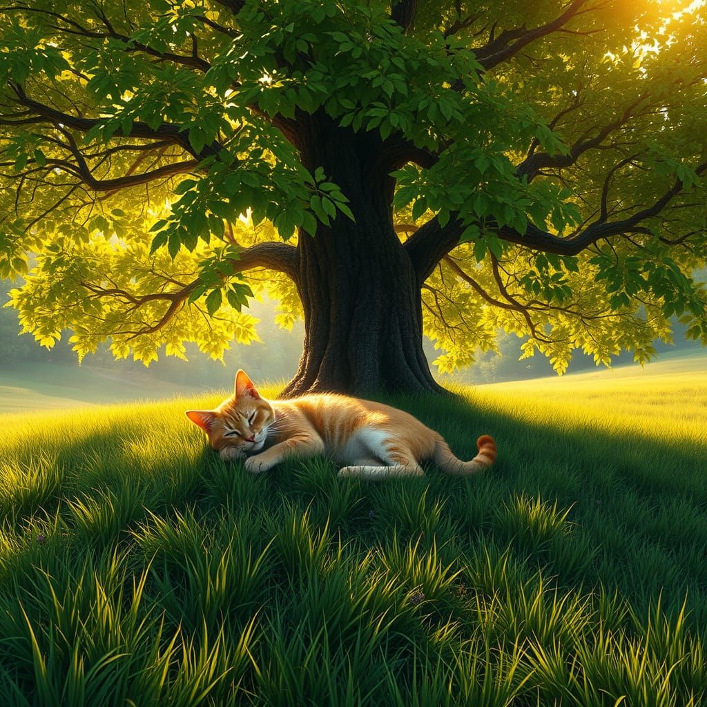 Orange Cat Sleeps Peacefully on Grassy Field