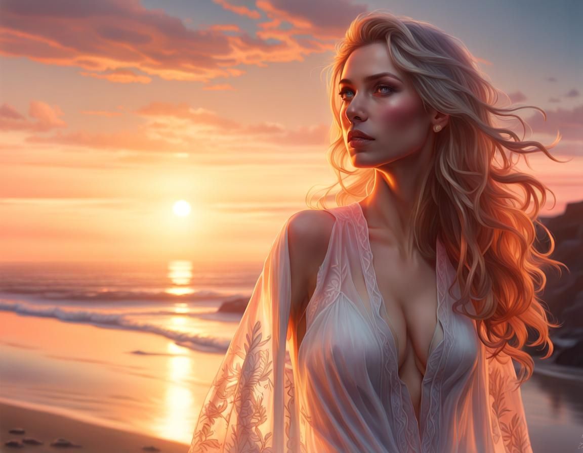 Sensual Woman Portrait near Sea, Hyperdetailed Art