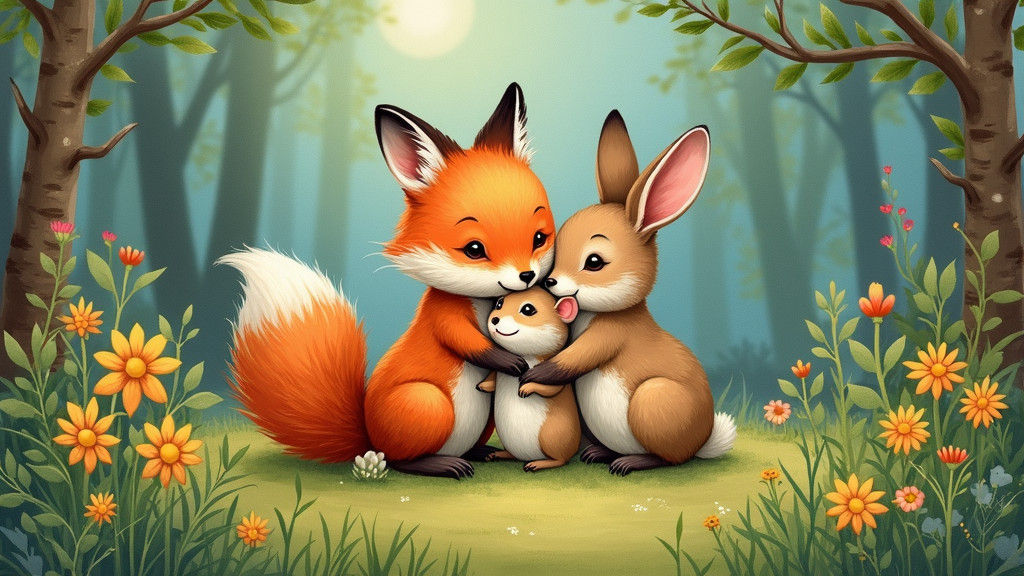 Whimsical Forest Scene: Fox, Hare, and Mouse Embrace