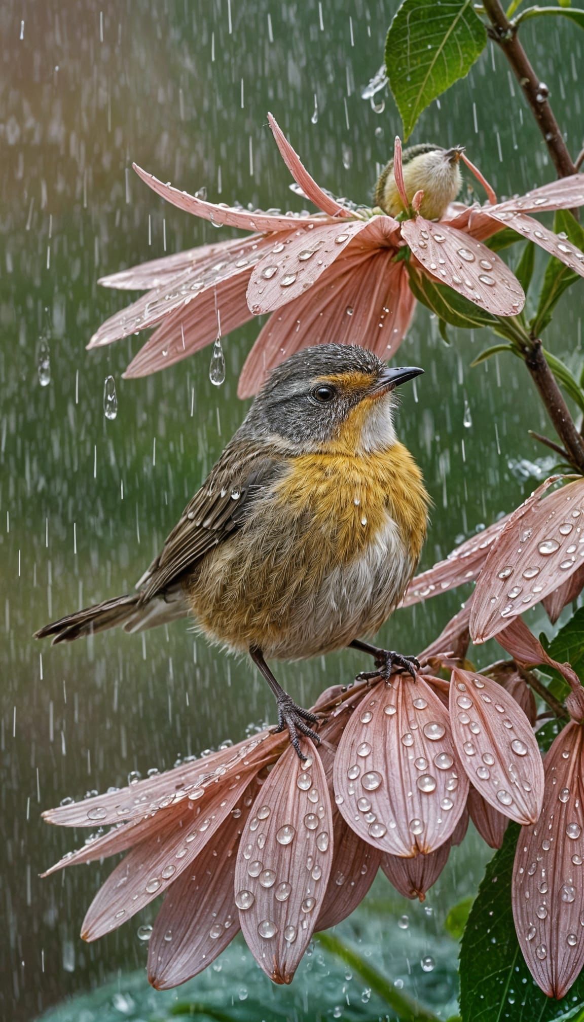 Bird Seeks Shelter Under Flower in Rain