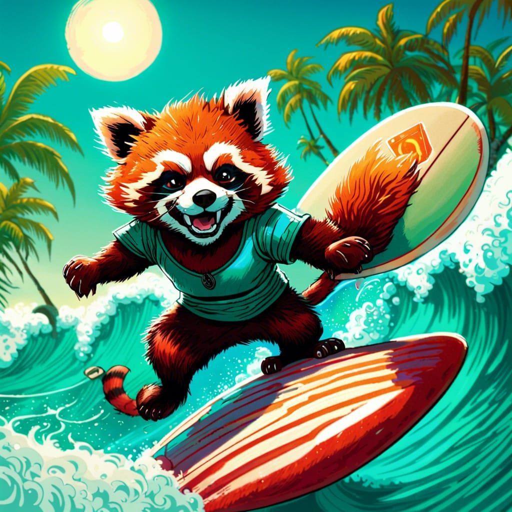 Red Panda Surfing in Bright Comic Book Art