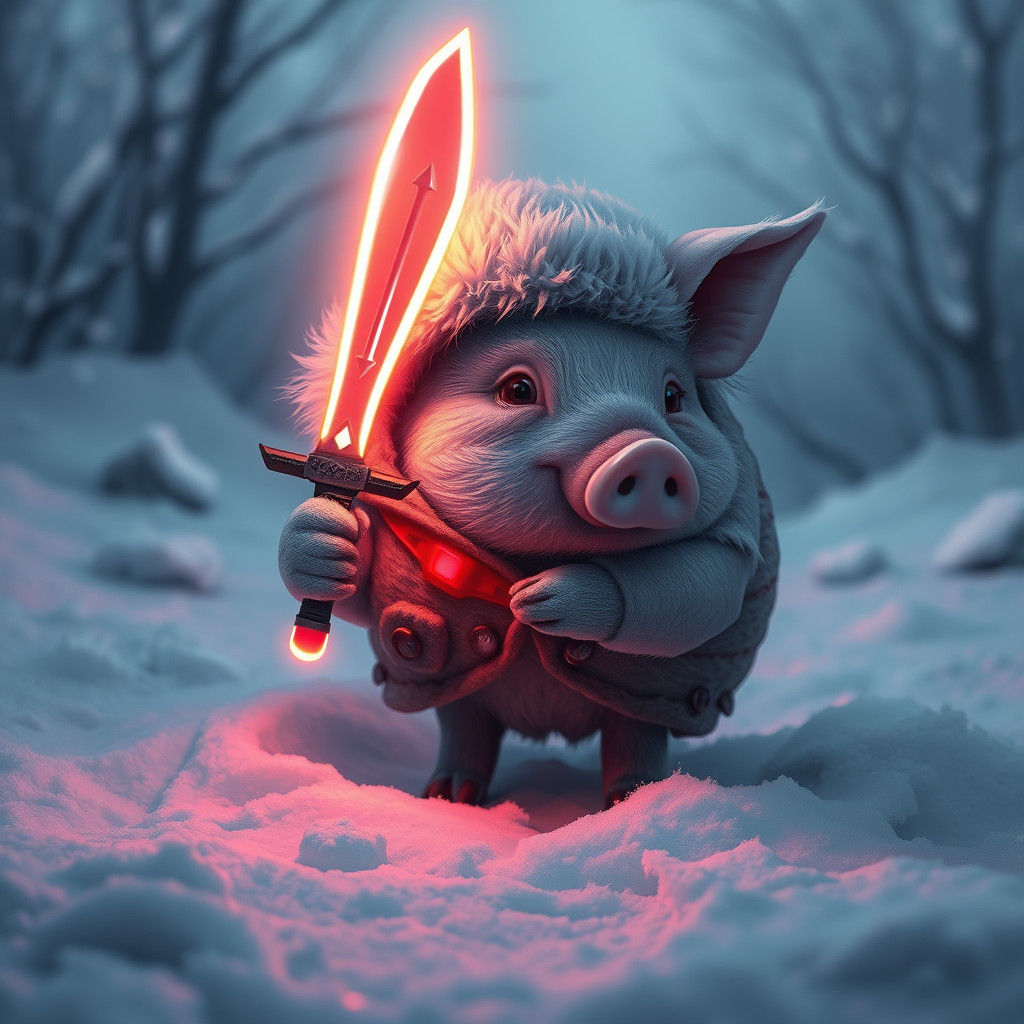Piglet with Neon Blade in Snowy Landscape