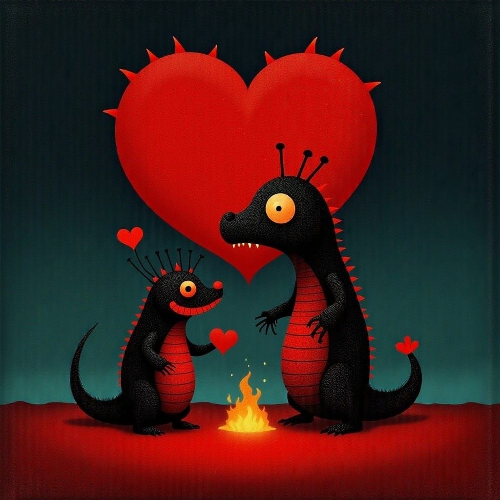 Romantic Lava Demons Erupting Love Hearts in a Volcanic Land...