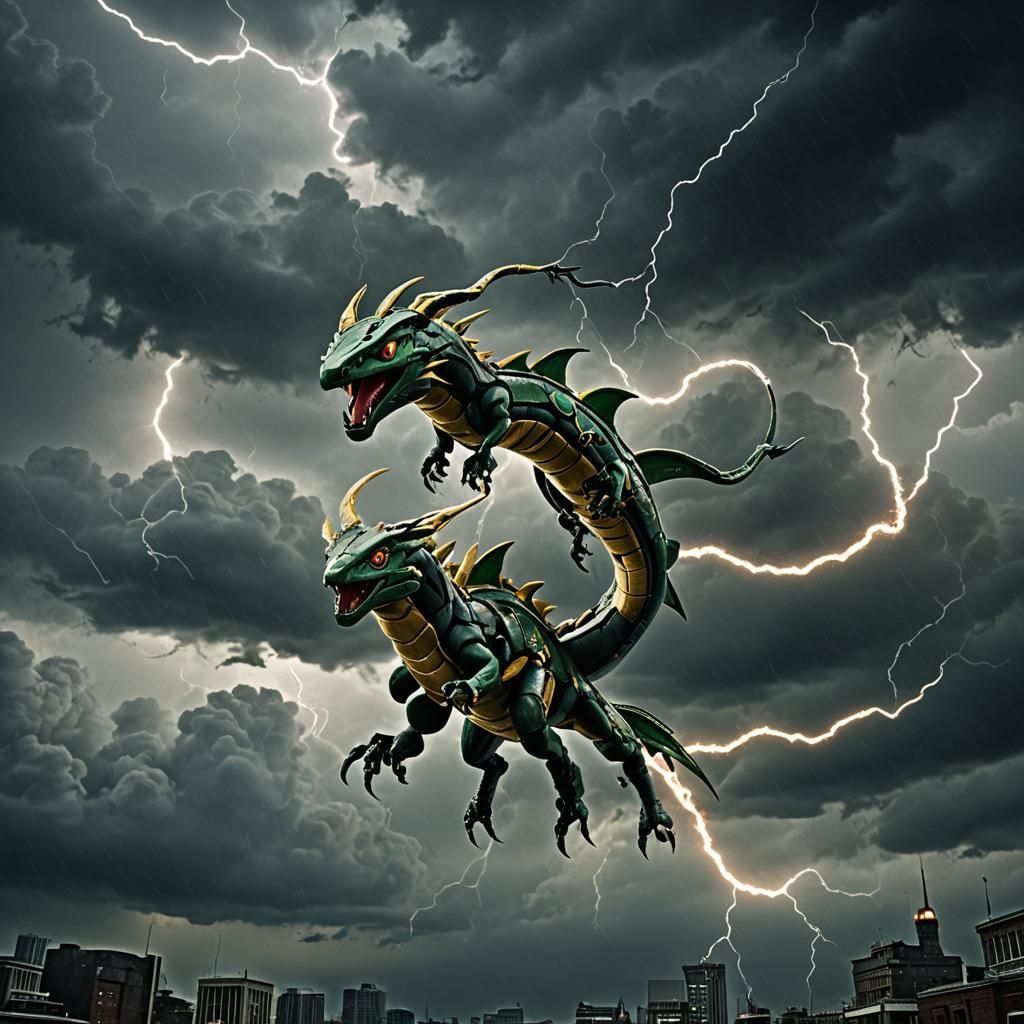 Rayquaza Soaring Through Stormy Skies: Cinematic Film Still
