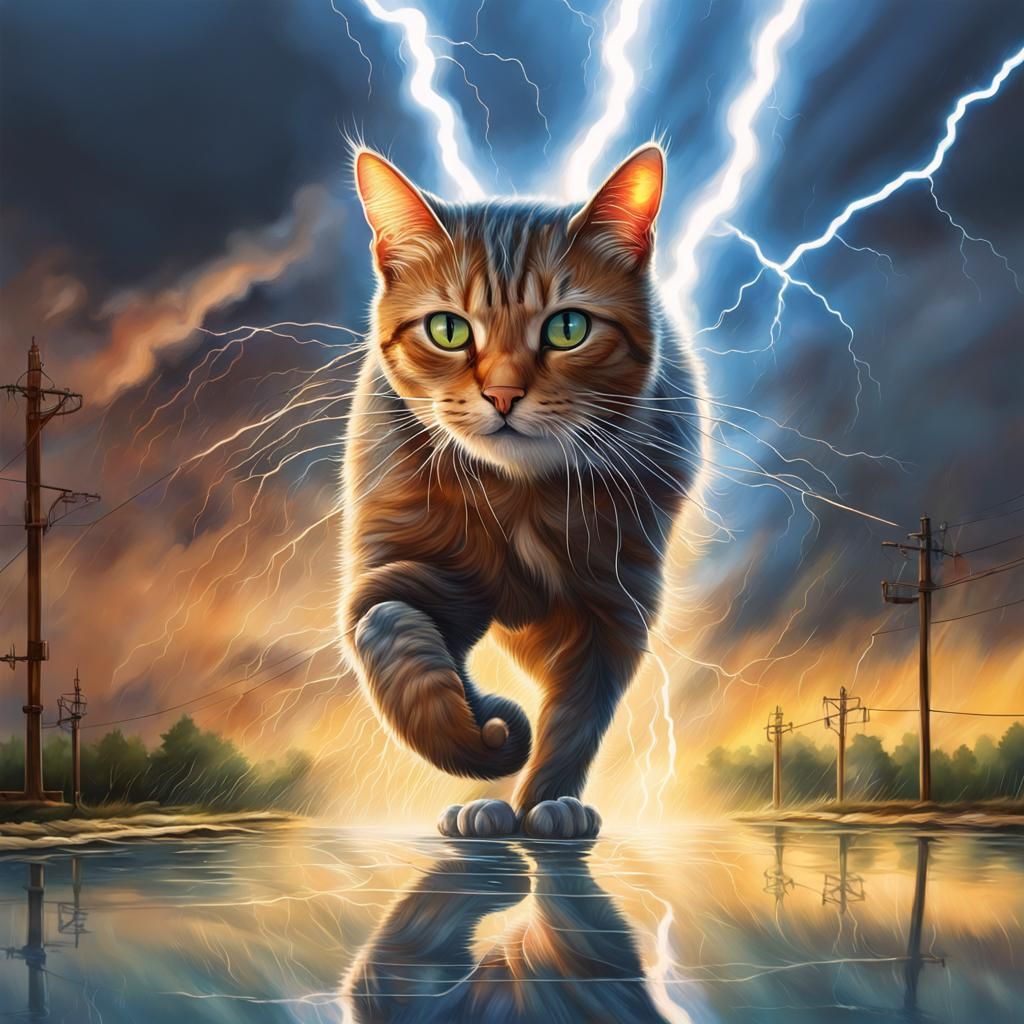 Cat Walks High Wire in Lightning Storm