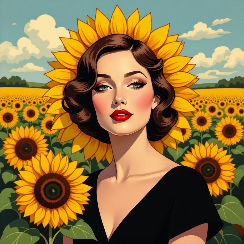 Art Deco Sunflower Portrait in Tamara Lempicka Style