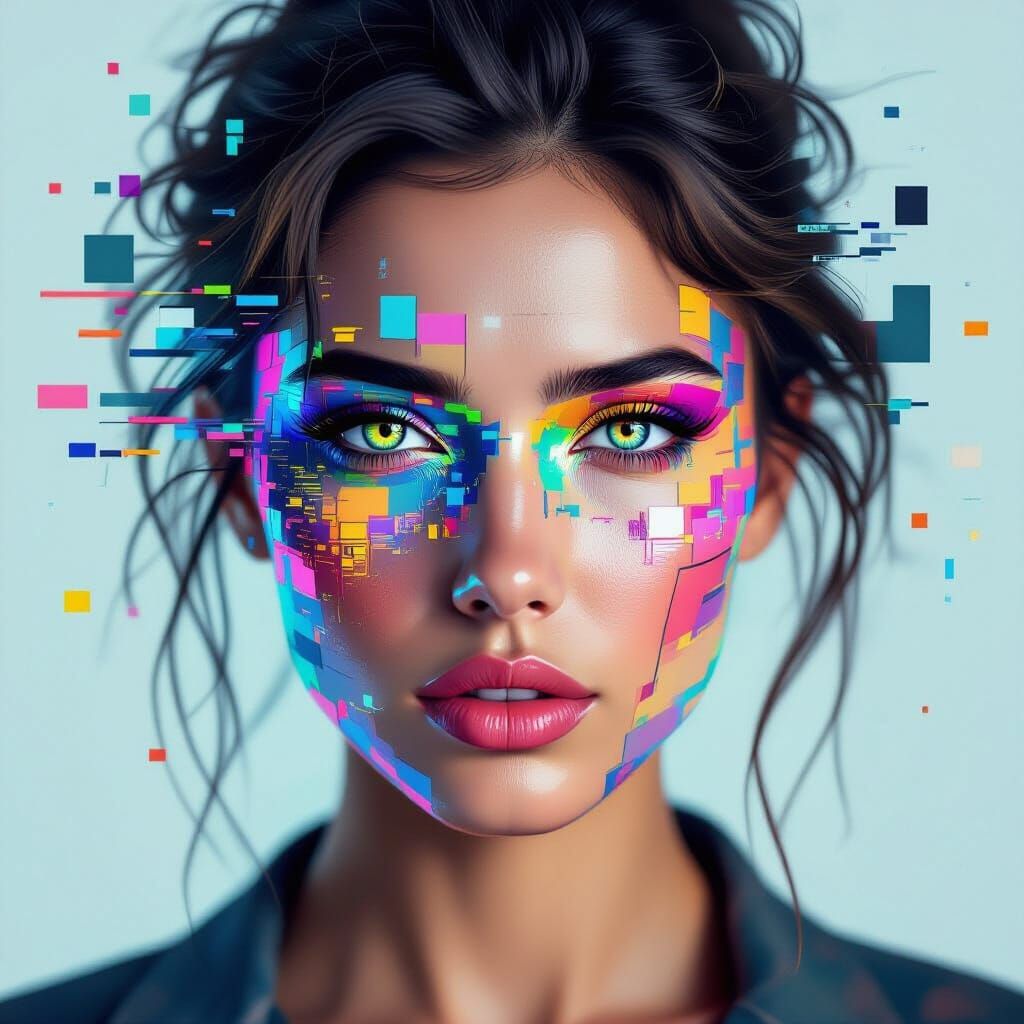 Surreal Portrait with Glitch and Abstract Shapes