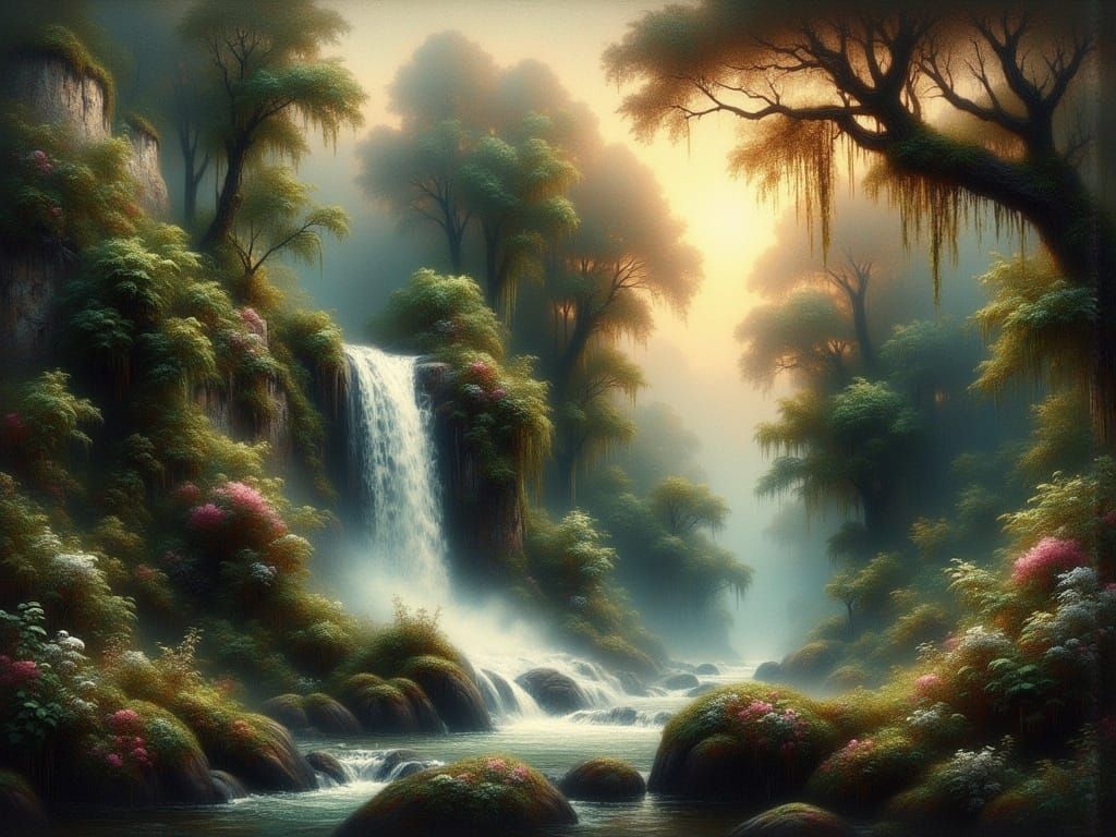 Serene Waterfall in a Lush Valley at Sunset