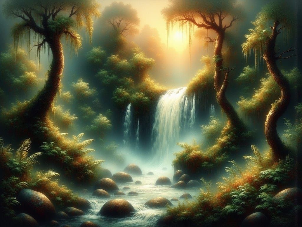 Surreal Waterfall in Ethereal Landscape
