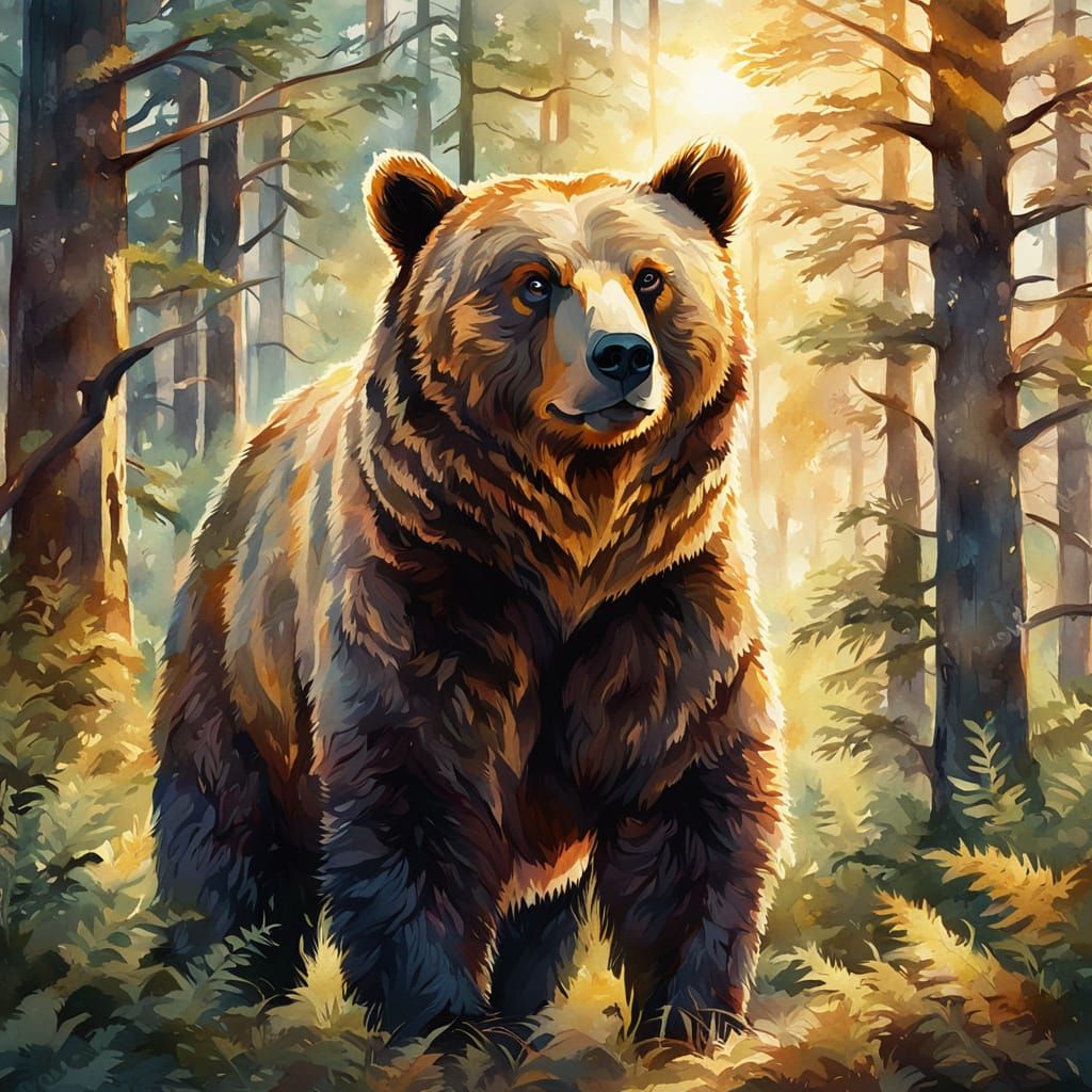 Golden Bear in Forest: Watercolor Fantasy Illustration