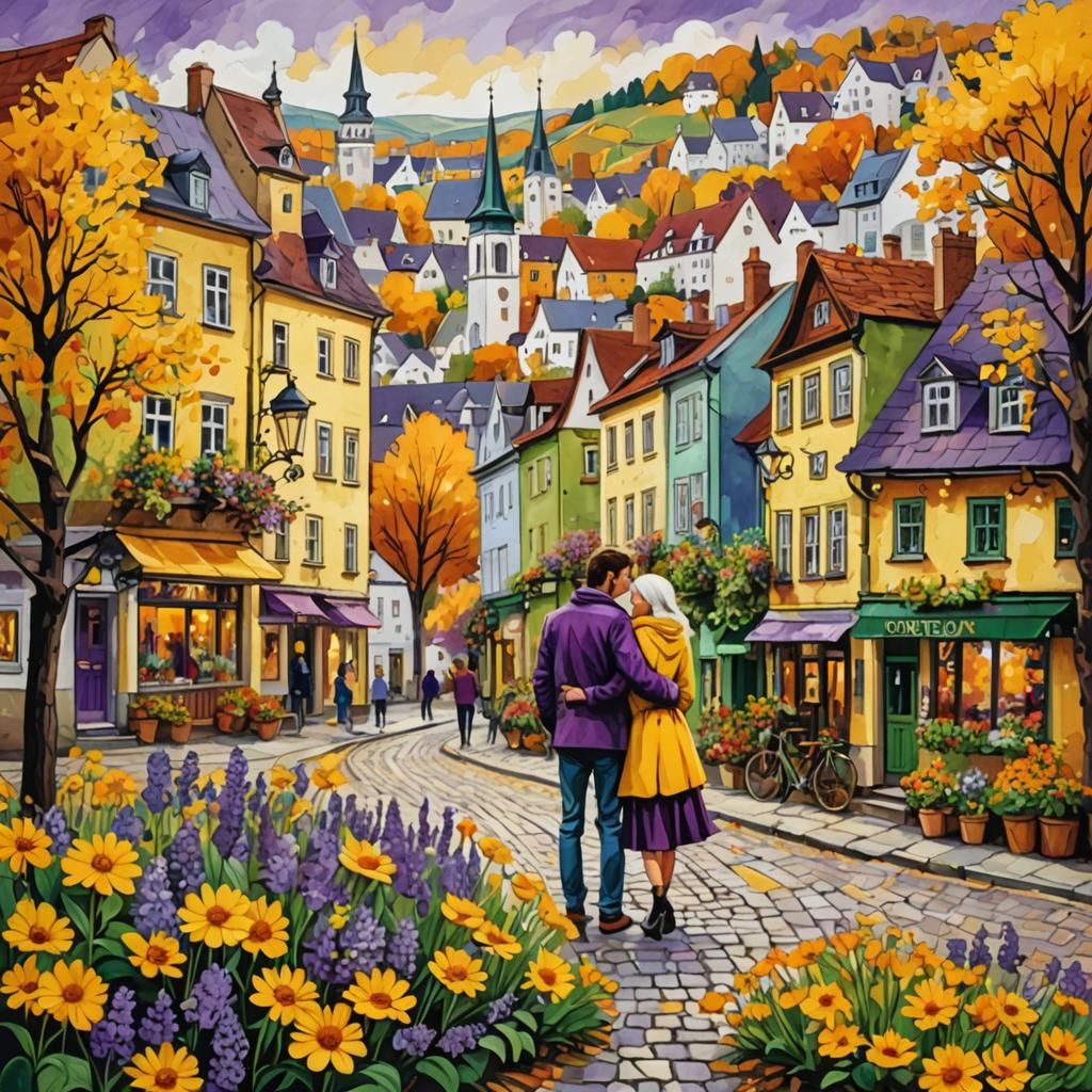 Interstellar Lovers in Autumnal Floral Town