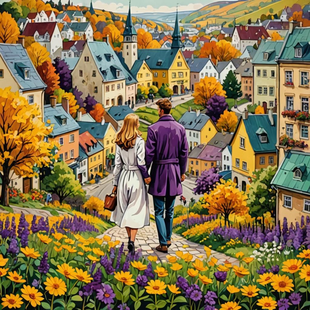 Interstellar Love in Autumnal Landscape Town